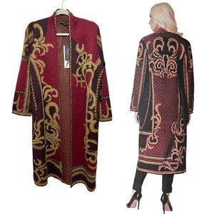 Vertigo | Jacquard Black, Red & Gold Long Open Wool Blend Cardigan Sweater